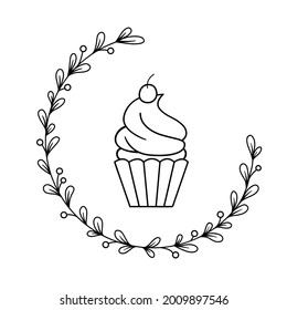 Monochrome bakery or store logo. Cupcake with cherry in a wreath of leaves. Vector hand drawn illustration in lineart style is isolated on a white background.