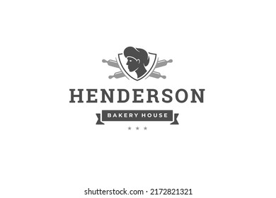 Monochrome bakery vintage logo design template chef head in shield with crossed rolling pins vector illustration. Premium quality pastry cafe shop insignia emblem with stars and festive ribbon