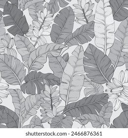 monochrome banana palm leaves on black, pattern