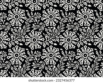 MONOCHROME BANDHNI DOTS PATTERN BAGRU SANGANER BLOCK PRINT AND BATIK PRINT DIGITAL PRINT SEAMLESS TEXTILE PATTERN IN EDITABLE FILE