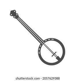 Monochrome banjo icon vector illustration. Simple traditional African musical instrument folk audio sound creating isolated on white. Classical antique wooden guitar with strings for country art