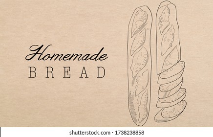 Monochrome banner with baguettes an inscription "Homemade bread" for bakery, cafe. Bakery premium stamp label illustration