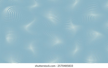 Monochrome banner with half tone effect. Blue dot pattern. Wavy gradation frame. Anime curve backdrop. Duotone fade gradient. Halftone pop art background. Cartoon print. Vector illustration