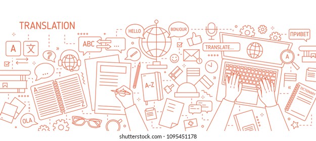 Monochrome banner with hands typing on laptop keyboard and writing on paper drawn with contour lines on white background. Translation of foreign languages. Vector illustration in lineart style