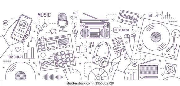 Monochrome banner with hands and various electronic devices for music playing, listening and creation drawn with contour lines on white background. Modern vector illustration in lineart style.