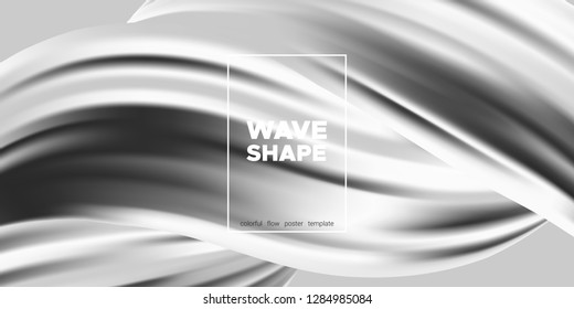 Monochrome Banner, Ink or Brush Stroke. 3d Liquid Shape, Abstract Fluid, Metallic Oil Effect. Monochrome Wallpaper with Wave Shape in Movement. Vector Geometric Placard, Banner, Cover or Landing Page.