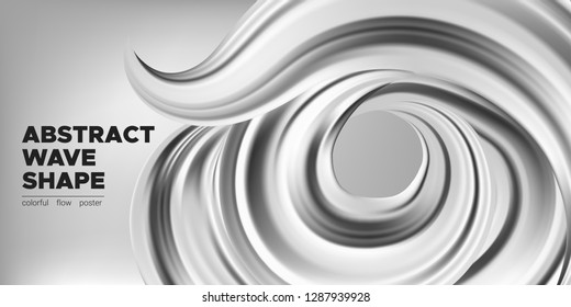 Monochrome Banner, Ink or Brush Stroke. 3d Liquid Shape, Abstract Fluid, Metallic Oil Effect. Monochrome Wallpaper with Wave Shape in Movement. Vector Geometric Placard, Banner, Cover or Landing Page.