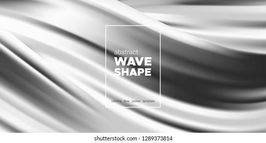 Monochrome Banner, Ink or Brush Stroke. 3d Liquid Shape, Abstract Fluid, Metallic Oil Effect. Monochrome Wallpaper with Wave Shape in Movement. Vector Geometric Placard, Banner, Cover or Landing Page.