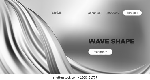 Monochrome Banner, Ink or Brush Stroke. 3d Liquid Shape, Abstract Fluid, Metallic Oil Effect. Monochrome Wallpaper with Wave Shape in Movement. Vector Geometric Placard, Banner, Cover or Landing Page.