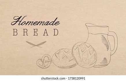 Monochrome banner with milk, rye bread, 
pretzel an inscription "Homemade bread" for bakery, cafe. Bakery premium stamp label illustration