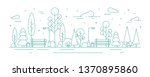 Monochrome banner template with city park or garden, trees, bushes, street lights and benches. Urban recreational area or zone. Creative colorful vector illustration in modern line art style.