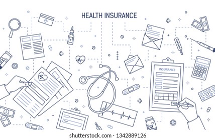 Monochrome banner template with hands filling out document, medical or health insurance form surrounded by medicines and money bills drawn with contour lines. Vector illustration in linear style.