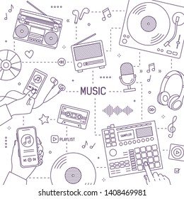 Monochrome banner template with hands, tools and electronic devices for music playing, recording and listening drawn with contour lines on white background. Vector illustration in linear style.