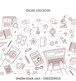 Monochrome banner template with hands typing on laptop and stationery drawn with contour lines. Online or distance education, e-learning, studying on internet. Vector illustration in linear style.