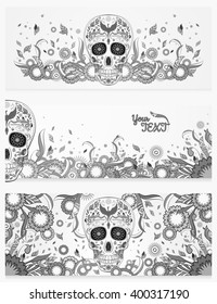 Monochrome banners of Dia de Muertos sugar skull with ornate on an abstract floral spring background. Day of The Dead