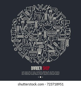 Monochrome barber shop concept in circle with thin line icons of shaving accessories. Vector illustration for web page, banner, print media.