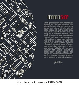 Monochrome barber shop concept with thin line icons of shaving accessories and place for text inside. Vector illustration for web page, banner, print media.