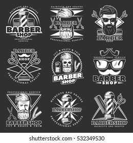 Monochrome barbershop decorative label set with glasses, scissors icons, hipster signs and barber character with beard vector illustration