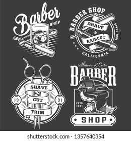 Monochrome barbershop emblems set with straight razors glass of whiskey scissors barber chair in vintage style isolated vector illustration