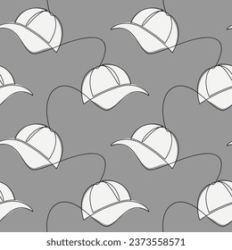 Monochrome baseball cap icon vector seamless pattern. Line continuous drawing. Cartoon background illustration. Hand drawn doodle wallpaper. Graphic design, print, banner, card, poster, backdrop.