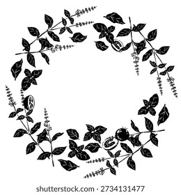 Monochrome Basil Leaf Wreath Frame Vector