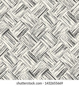 Monochrome Basket Weave Checked Dappled Stroke Textured Distressed  Background. Seamless Pattern.