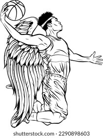 monochrome basketball player jumping stylized vector silhouette, logo template in outlined sketch style