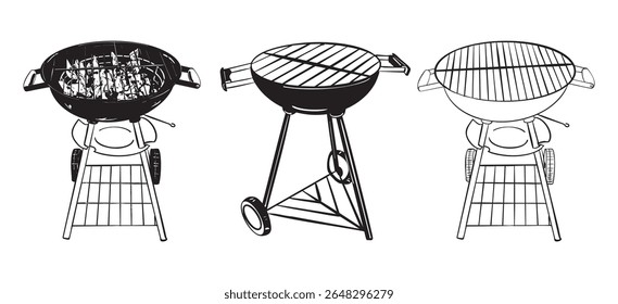 Monochrome BBQ grill illustration set with open flame and grate. Ideal for vintage-style prints, packaging, cookout invites, food branding, grill guides, and minimalist design projects.