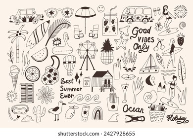 Monochrome Beach Vibes grafische Set-Elemente für Poster T-Shirts und Aufkleber. Sommer Retro groovy Hippie 70er Jahre Clipart