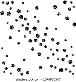 Monochrome Bear Footprints in Black and White. Prints of Paws with Big Claws for Petshop Design or for Goods for Pets. Simple Pattern for Print, Logo or Poster. Vector Confetti Background.
