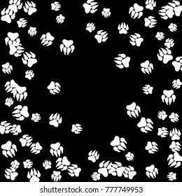 Monochrome Bear Footprints in Black and White. Prints of Paws with Big Claws for Petshop Design or for Goods for Pets. Simple Pattern for Print, Logo or Poster. Vector Confetti Frame.