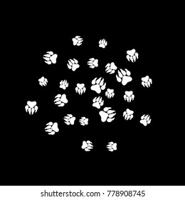 Monochrome Bear Footprints in Black and White. Prints of Paws with Big Claws for Petshop Design or for Goods for Pets. Simple Pattern for Print, Logo or Poster. Vector Confetti Background.