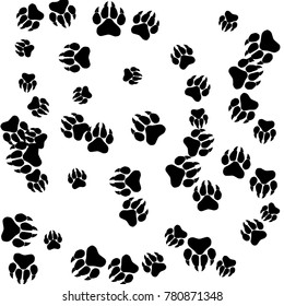 Monochrome Bear Footprints in Black and White. Prints of Paws with Big Claws for Petshop Design or for Goods for Pets. Simple Pattern for Print, Logo or Poster. Vector Confetti Background.