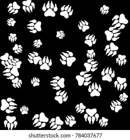 Monochrome Bear Footprints in Black and White. Prints of Paws with Big Claws for Petshop Design or for Goods for Pets. Simple Pattern for Print, Logo or Poster. Vector Confetti Background.