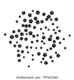 Monochrome Bear Footprints in Black and White. Prints of Paws with Big Claws for Petshop Design or for Goods for Pets. Simple Pattern for Print, Logo or Poster. Vector Confetti Background.