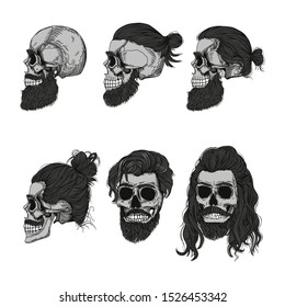 Monochrome bearded male skulls with a stylish haircut, beard and mustache. Picture for Halloween, barbershop or textile design.