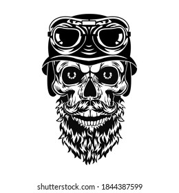 Calavera monocroma con barba de la ilustración portadora de hipster. Cabeza retro muerta con casco y gafas. El diseño de tatuajes y el concepto de comunidad de motociclistas pueden utilizarse para plantillas, pancartas o afiches retro