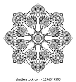 Monochrome Beautiful Decorative Ornate Mandala. Floral Ethnic Indian Amulet. Art Deco, Paisley Garden Style Design Element. Coloring Book Page. Vector Contour Illustration. Ornamental Abstraction