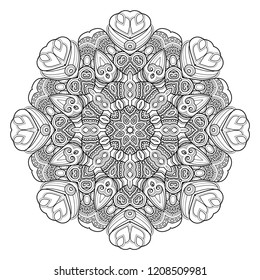 Monochrome Beautiful Decorative Ornate Mandala. Floral Ethnic Indian Amulet. Art Deco, Paisley Garden Style Design Element. Coloring Book Page. Vector Contour Illustration. Ornamental Abstraction