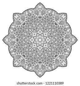 Monochrome Beautiful Decorative Ornate Mandala. Floral Ethnic Indian Amulet. Art Deco, Paisley Garden Style Design Element. Coloring Book Page. Vector Contour Illustration. Ornamental Abstraction