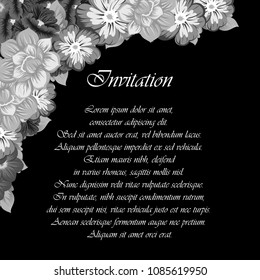 monochrome beautiful floral frame on black background. For your fabric design, clothing, printed matter. Greetings and cards for birthday, wedding, Valentine's day and more. Vector illustration.