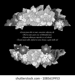 monochrome beautiful floral frame on black background. For your fabric design, clothing, printed matter. Greetings and cards for birthday, wedding, Valentine's day and more. Vector illustration.