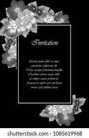 monochrome beautiful floral frame on black background. For your fabric design, clothing, printed matter. Greetings and cards for birthday, wedding, Valentine's day and more. Vector illustration.