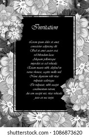 monochrome beautiful floral frame on black background. For your fabric design, clothing, printed matter. Greetings and cards for birthday, wedding, Valentine's day and more. Vector illustration.