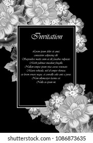 monochrome beautiful floral frame on black background. For your fabric design, clothing, printed matter. Greetings and cards for birthday, wedding, Valentine's day and more. Vector illustration.