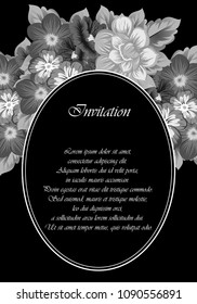 monochrome beautiful floral frame on black background. For your fabric design, clothing, printed matter. Greetings and cards for birthday, wedding, Valentine's day and more. Vector illustration.