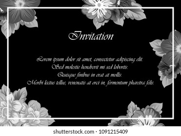 monochrome beautiful floral frame on black background. For your fabric design, clothing, printed matter. Greetings and cards for birthday, wedding, Valentine's day and more. Vector illustration.