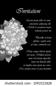 monochrome beautiful floral frame on black background. For your fabric design, clothing, printed matter. Greetings and cards for birthday, wedding, Valentine's day and more. Vector illustration.