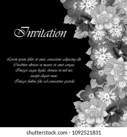 monochrome beautiful floral frame on black background. For your fabric design, clothing, printed matter. Greetings and cards for birthday, wedding, Valentine's day and more. Vector illustration.