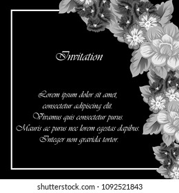 monochrome beautiful floral frame on black background. For your fabric design, clothing, printed matter. Greetings and cards for birthday, wedding, Valentine's day and more. Vector illustration.